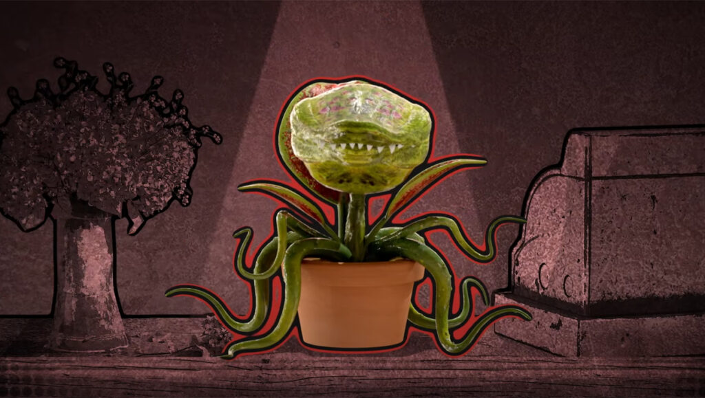 A large venus flytrap with large teeth sits in a pot on a shelf at a store.