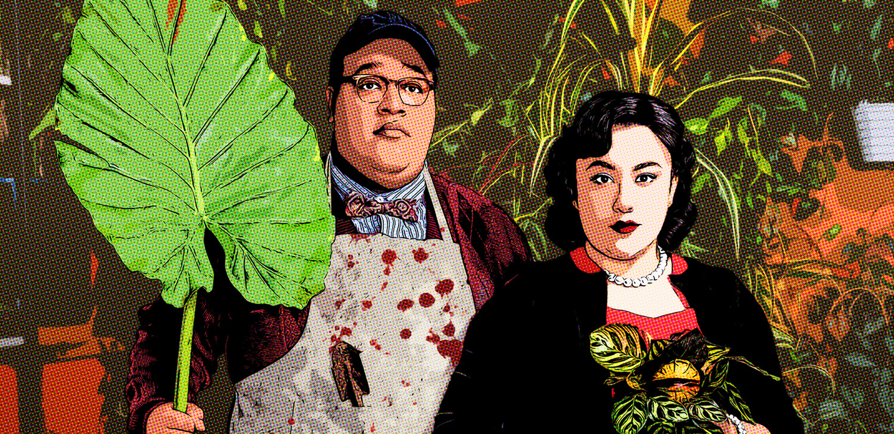 A pop art rendering in comic book style of a Black man and Asian woman, both holding up plants with serious expressions a la “American Gothic.”