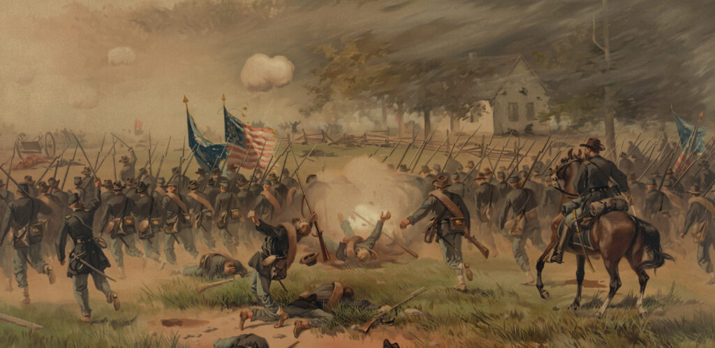 A large line of union soldiers wearing blue uniforms charge forward, rifles over their shoulders, bayonets fixed. The flag-bearers carry the American Flag in the center. Several solders have fallen and are left behind on the ground.