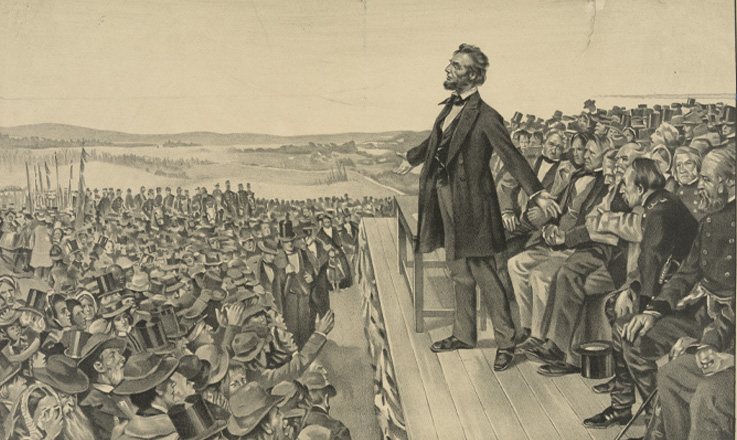 Black and white newspaper print showing Abraham Lincoln standing on stage before a crowd of people.