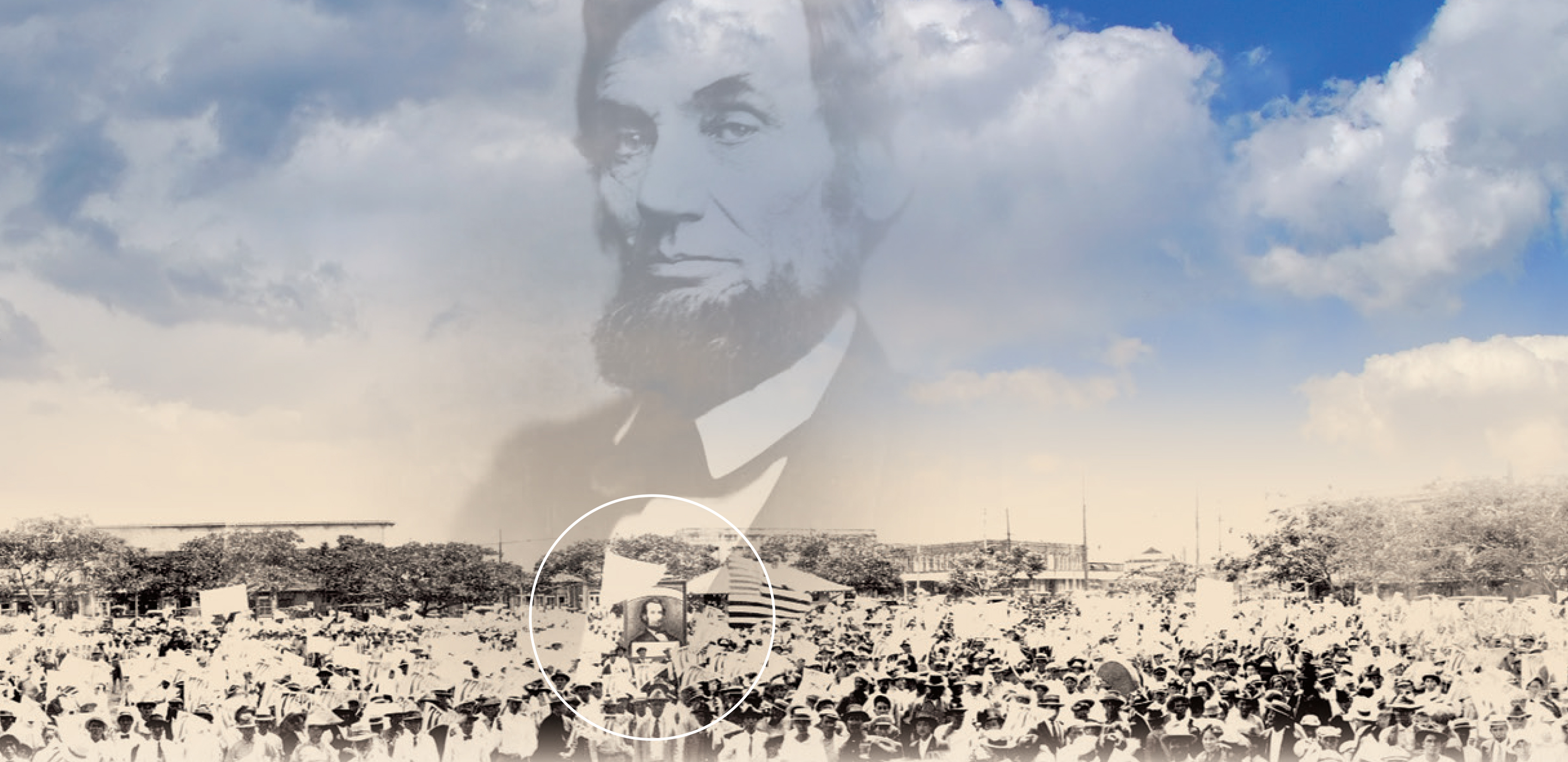 An image of Abraham Lincoln is superimposed on a picture of rally on the National Mall.