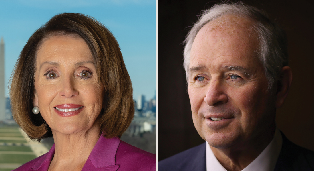 A photograph of Nancy Pelosi on the left and Stephen A. Swartzman on the right.