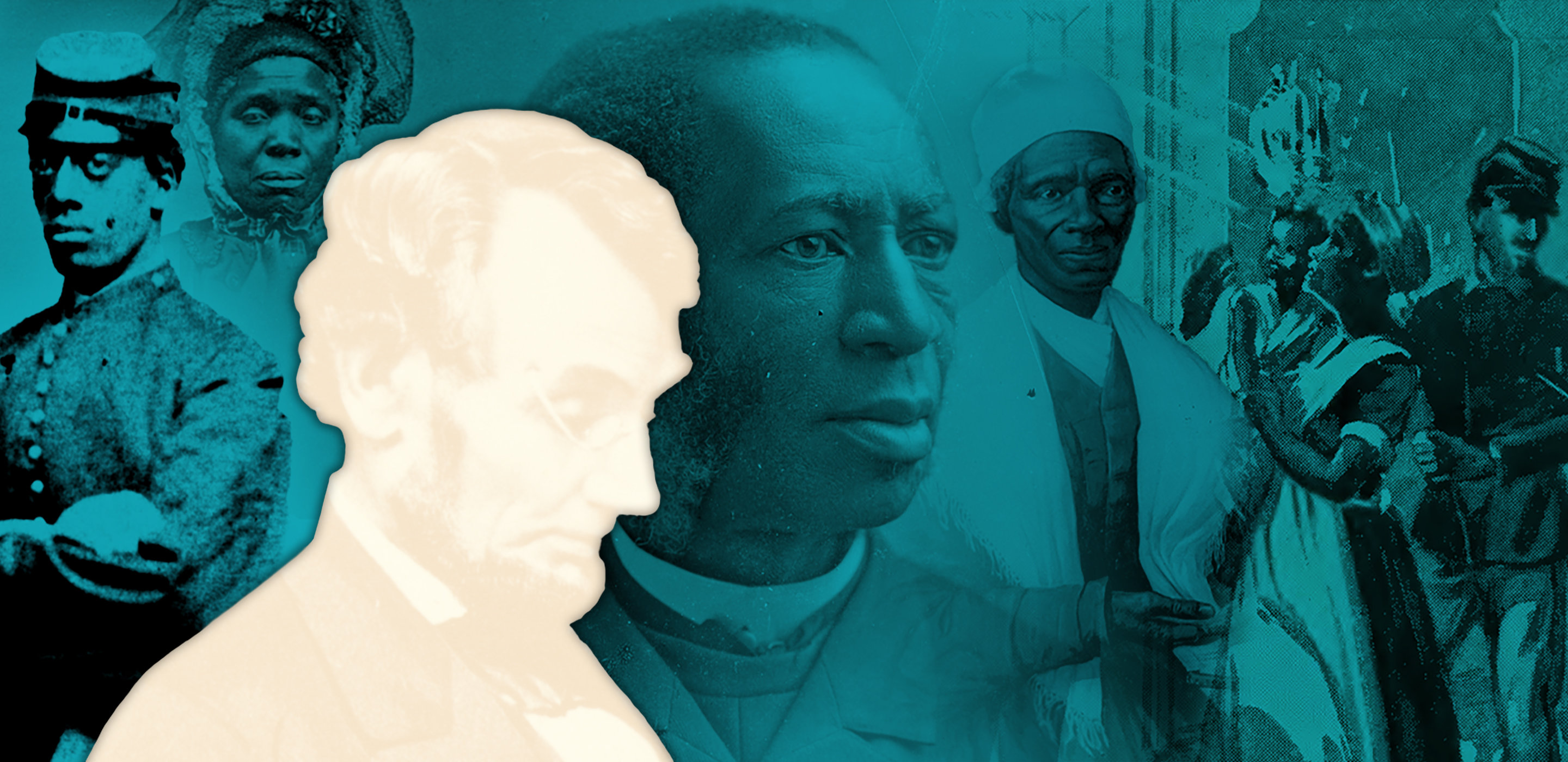 A turquoise-tinged collage of pictures of 19th century African-Americans. In the foreground is a white silhouette of Abraham Lincoln.