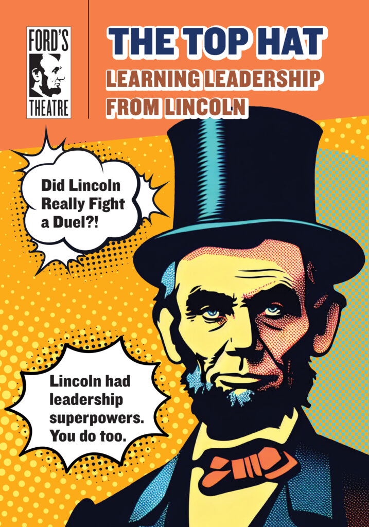 Cartoon image of Abraham Lincoln on the cover of a book called, "The Top Hat: Learning Leadership from Lincoln."