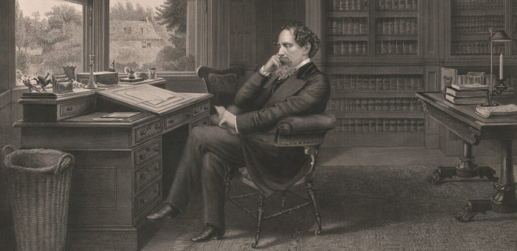 Pencil drawing of Charles Dickens sitting a desk in a richly furnished office.