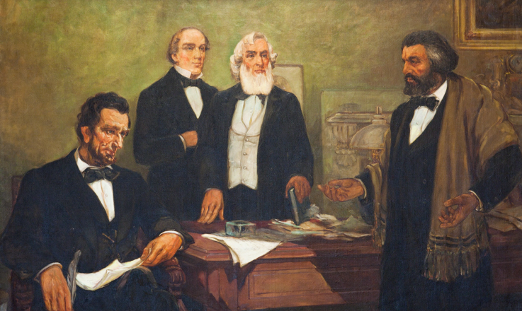 Painting of Abraham Lincoln, Frederick Douglass and two members of Lincoln's cabinet all gathered around a table in a discussion.