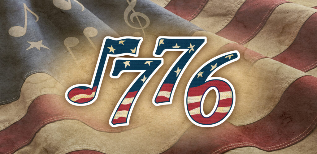 Logo that reads "1776" colored like an American flag, with a waving American flag in the background.