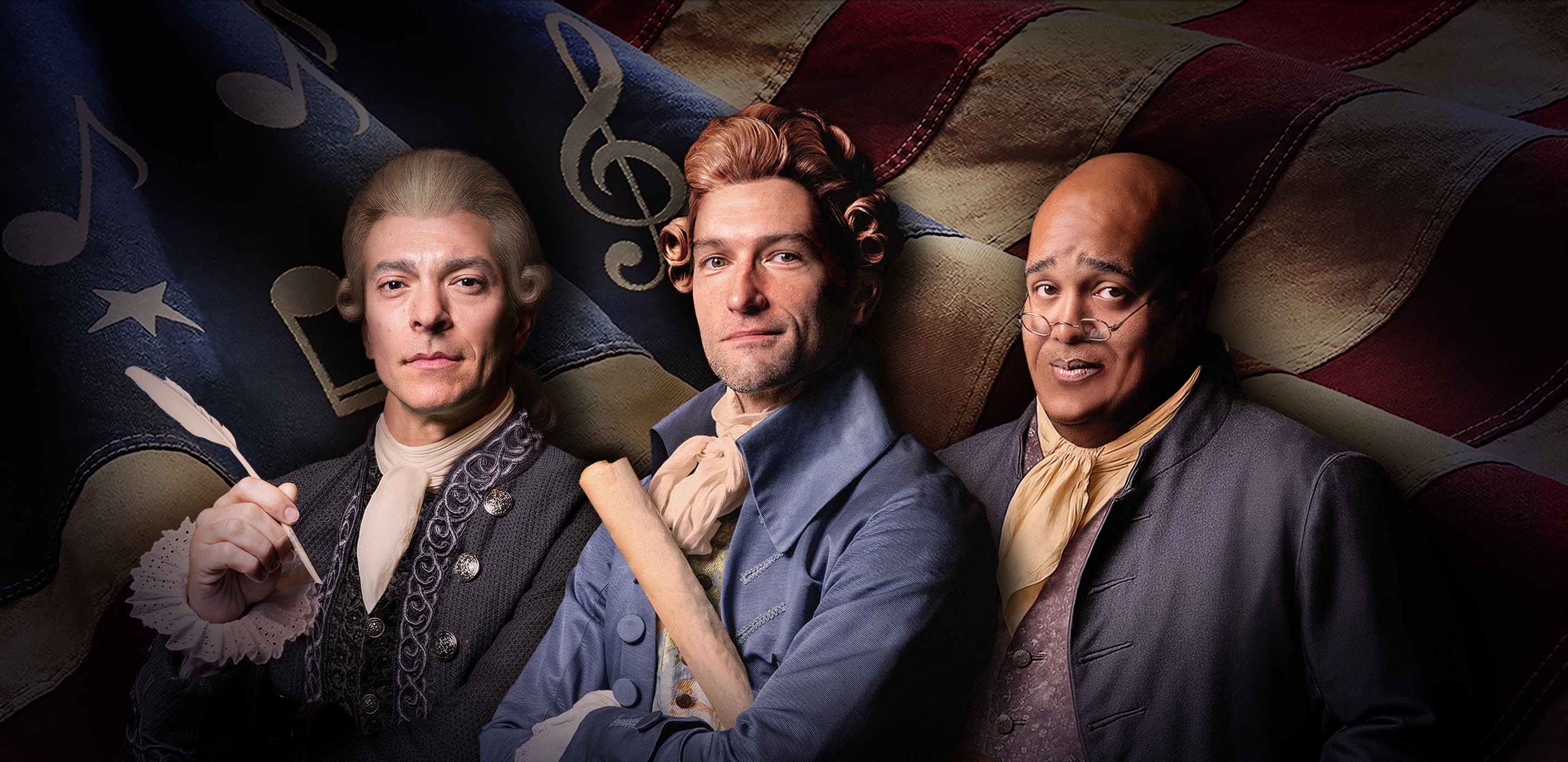 Two white men and a Black man dressed in colonial American clothing standing in front of a waving American flag.