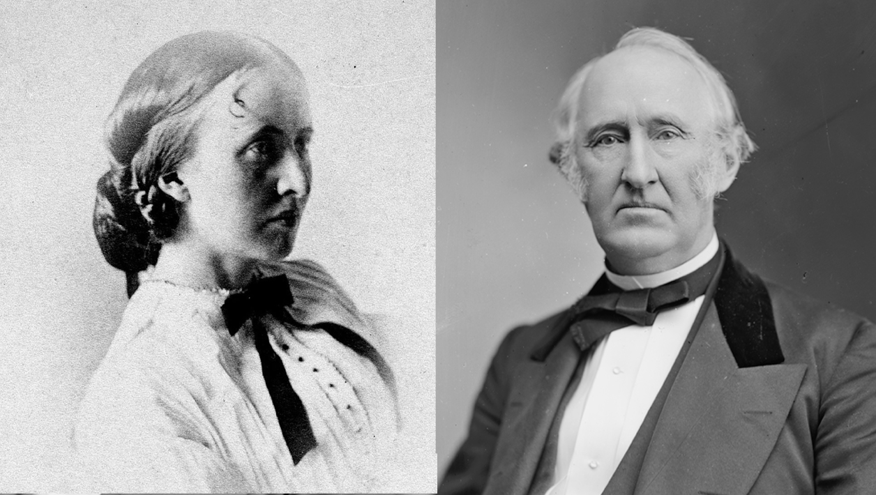 Side by side black and white photographs of a woman in a white dress (left) and a man in a suit (right).