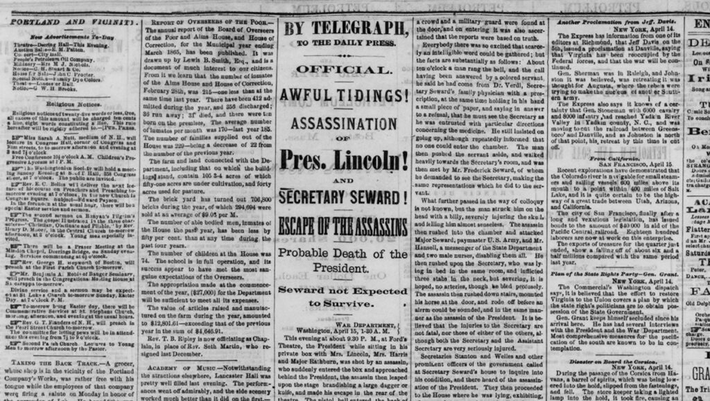 Image of a newspaper with a headline that reads, "Awful tidings! Assassination of Pres. Lincoln!"
