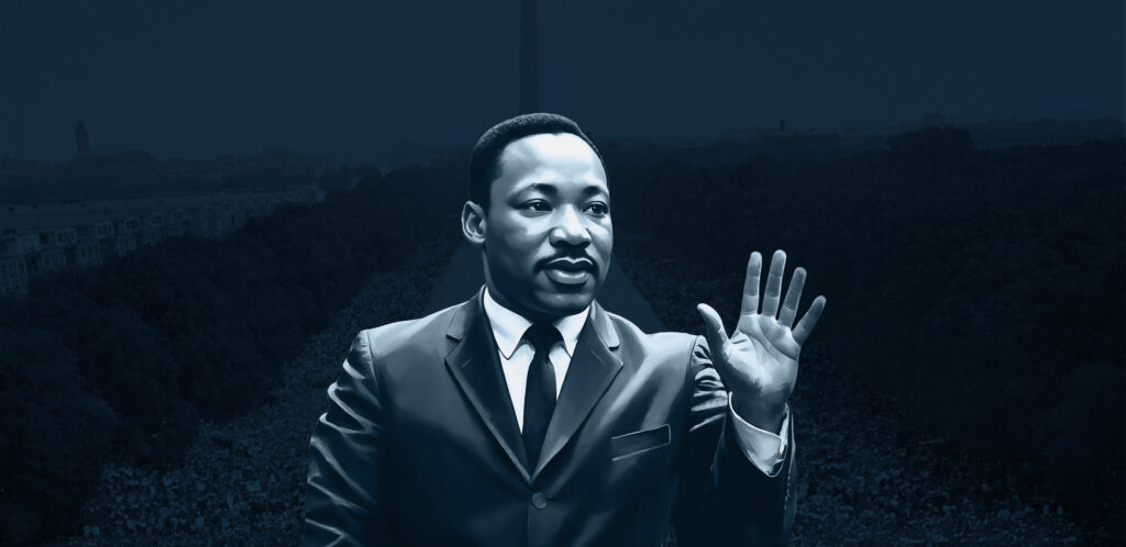 Drawing of Martin Luther King Jr. superimposed over a blue-toned photograph of National Mall filled with people.