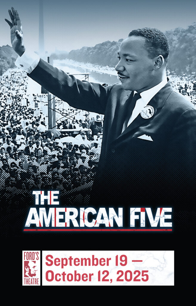 Blue and white image of Dr. Martin Luther King Jr. waving in front of a crowd at the National Mall.