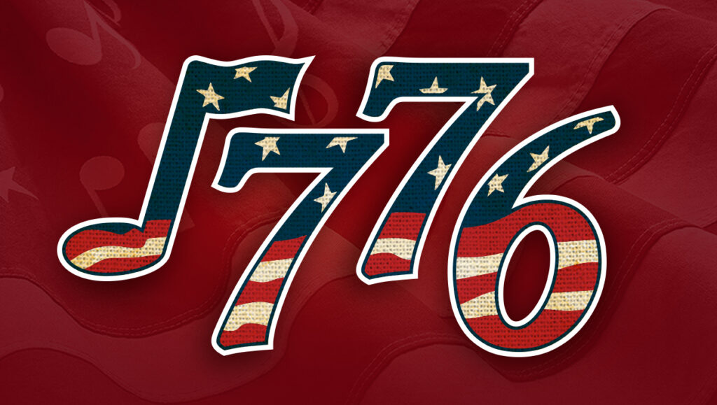 Logo for 1776 with the numbers colored as the American flag, on a red background.