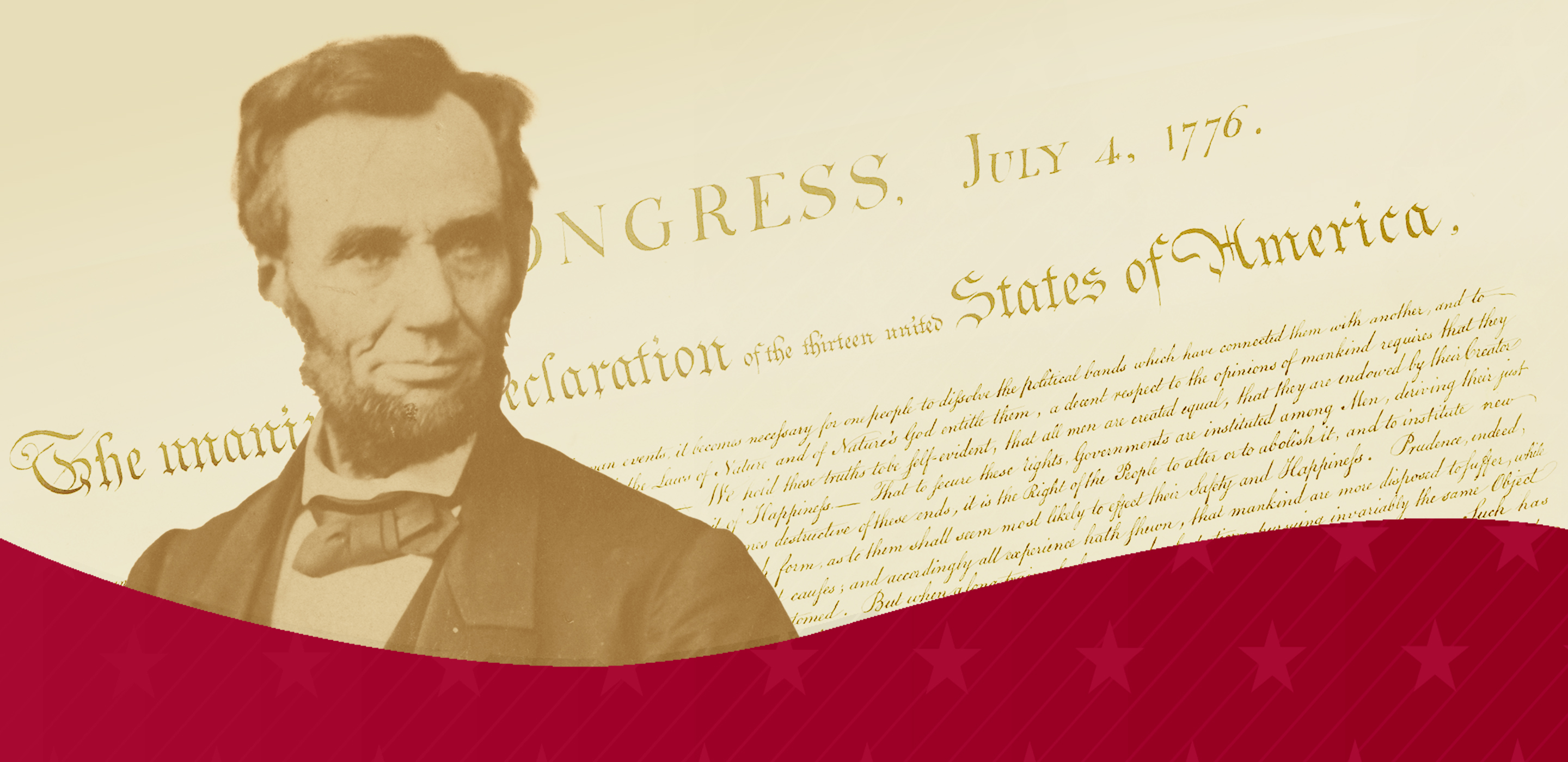Sepia photograph of Abraham Lincoln over the text of the Declaration of Independence.