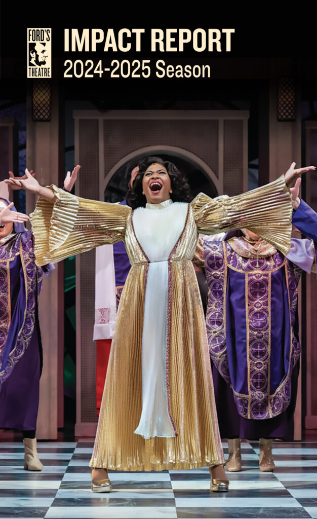 A Black woman dressed in religious robes sings in front of a group of similarly dressed backup singers