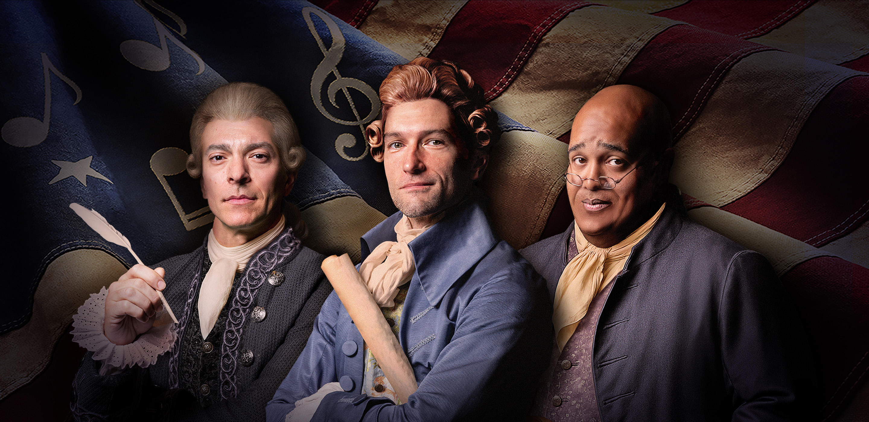 Two white men and a Black man dressed in colonial American clothing standing in front of a waving American flag.