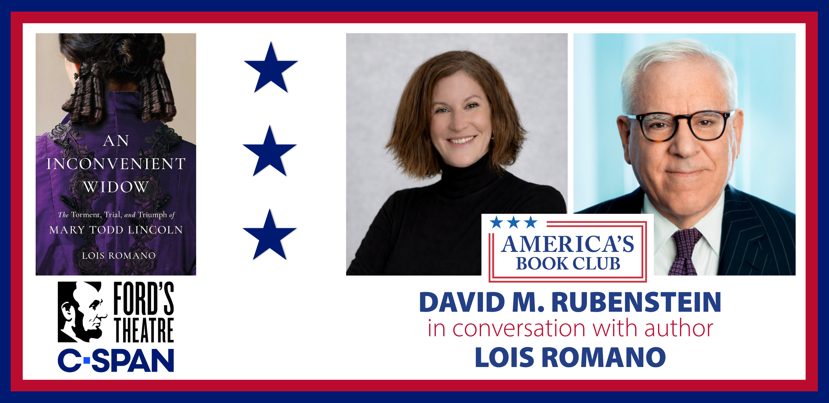 A book titled "An Inconvenient Widow" next to headshots of people labeled as David Rubinstein and Lois Romano.