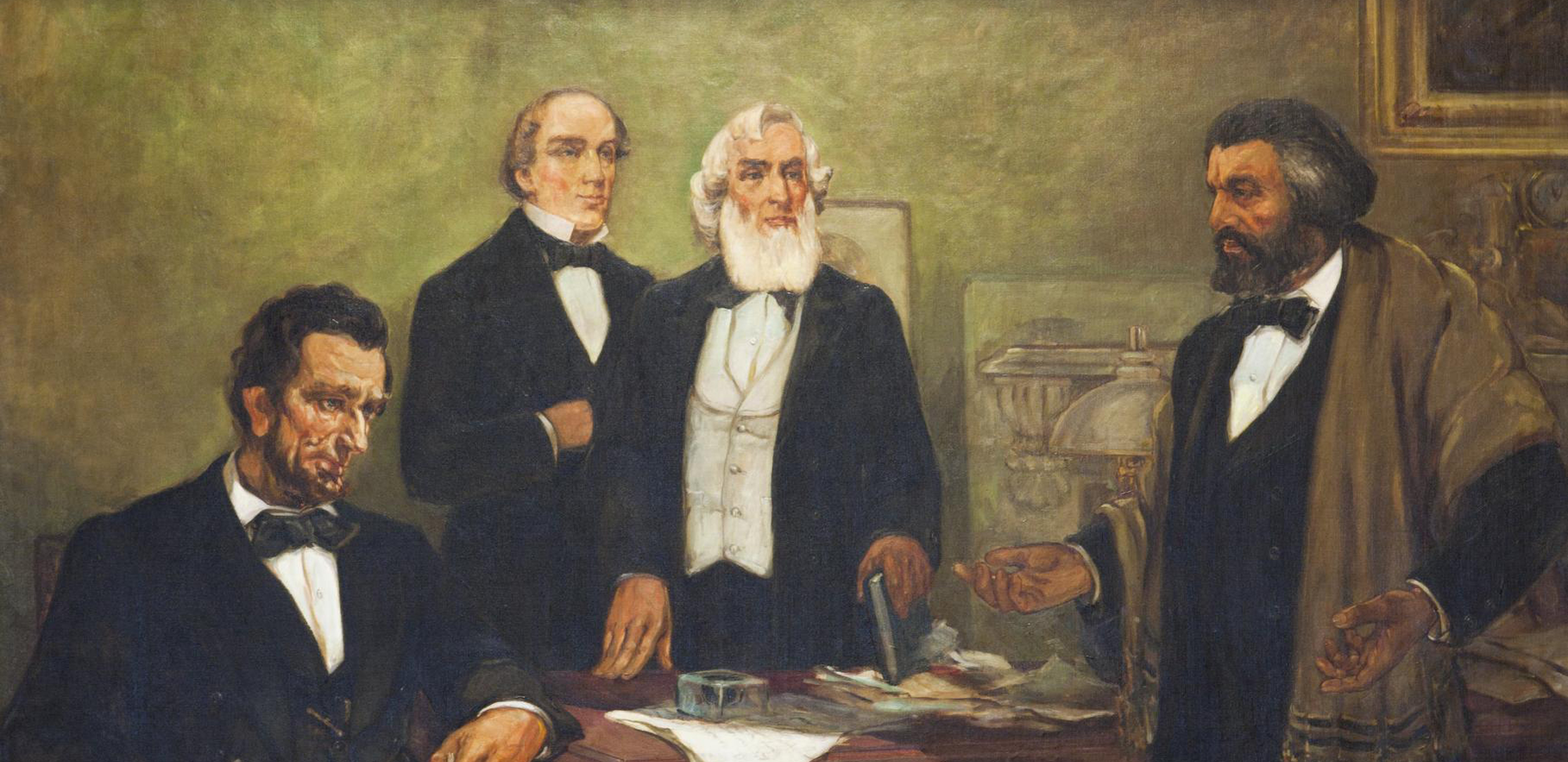 Painting of President Lincoln and Frederick Douglass meeting, along with two members of Lincoln’s Cabinet, gathered around a desk.