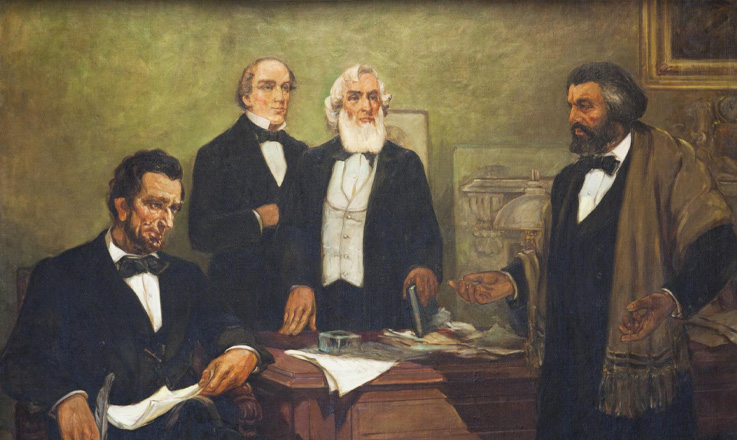 Painting of President Lincoln and Frederick Douglass meeting, along with two members of Lincoln’s Cabinet, gathered around a desk.
