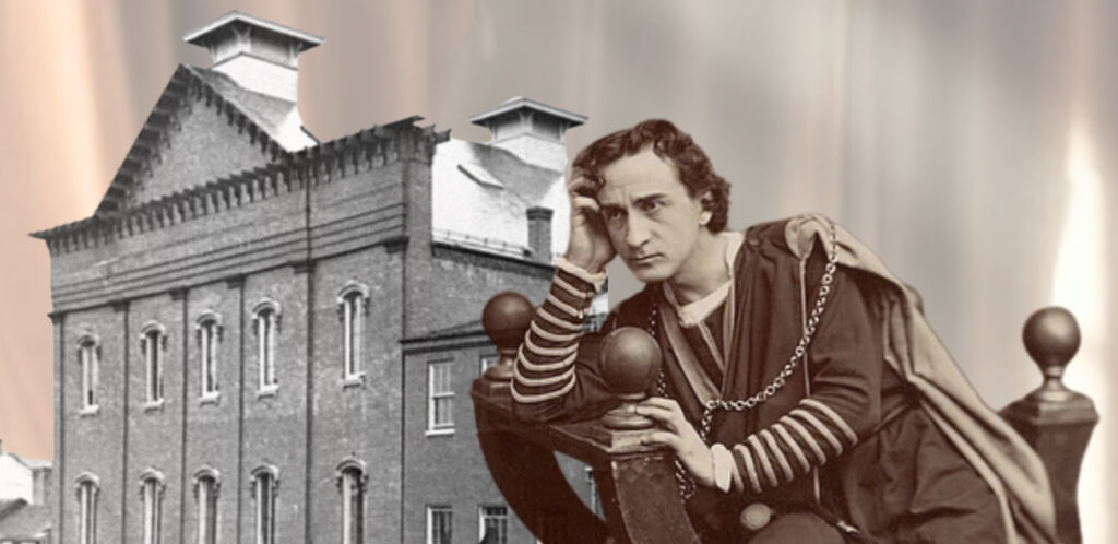 A sepia-toned photograph of Edwin Booth dressed as Hamlet overlayed on a black and white photograph of Ford’s Theatre from 1865.